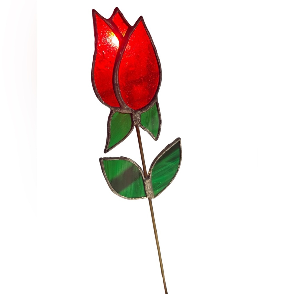 Vintage Stained Glass Red Rose Art Piece Garden Stake Suncatcher LARGE 15”